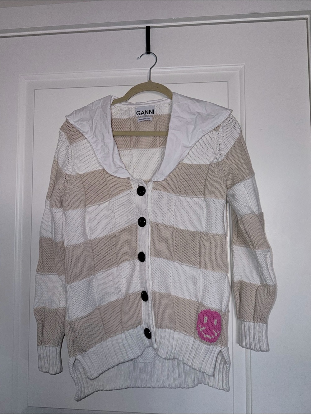 Ganni Beige and White Striped Hooded Cardigan with Pink Smile Patch